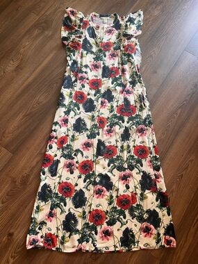 H&M Cream Maxi Dress with Red and Black Floral Print